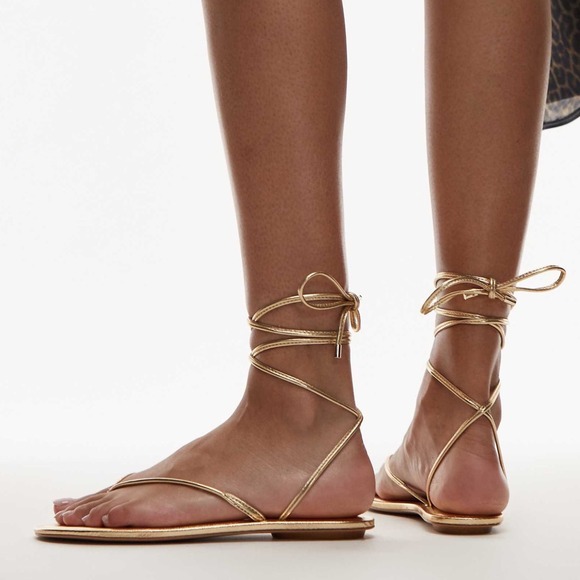 Mango Shoes - Mango MNG Womens Gold Metallic Wraparound Lace Up Flat Sandals Size 38